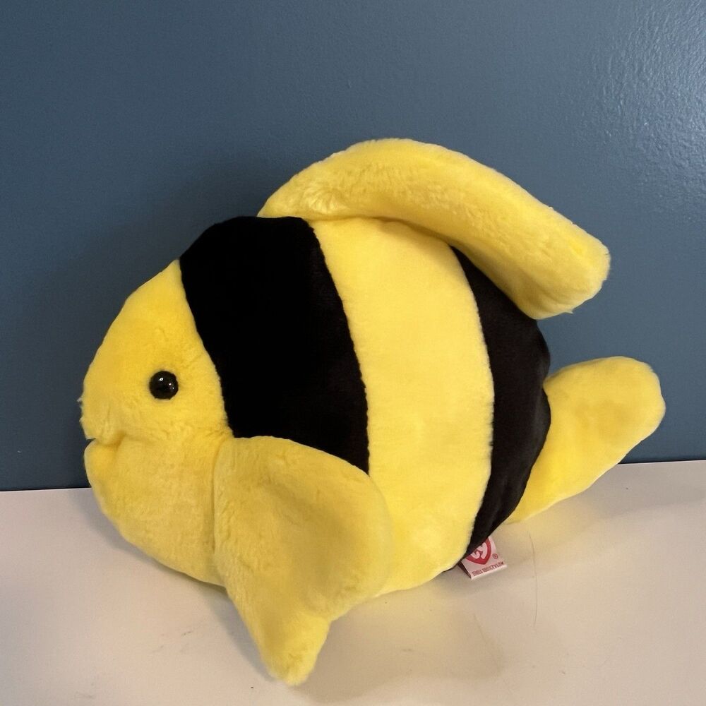 1998 Ty Beanie Buddies Bubbles Angel Fish Plush Yellow Black Stuffed Animal 9"